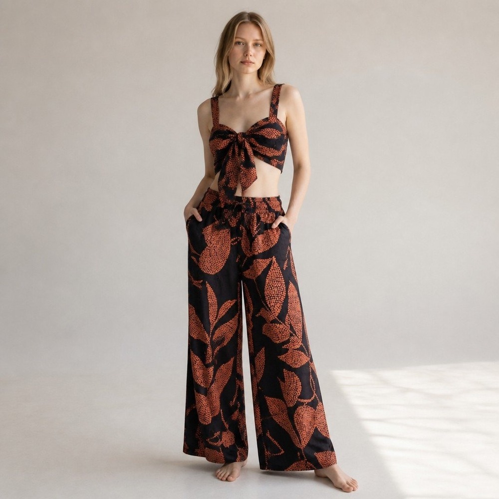 2 Piece Set Bra Crop Top Bandeau Flowing Pants Tropical Leaf M Black
